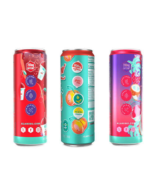 The side views of Alani’s Cherry Slush, Juicy Peach, and Hawaiian Shaved Ice Energy Drinks—each gluten-free, vegan, and made with B vitamins and 200mg of caffeine.
