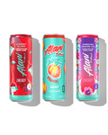 The front view of 3 sugar-free, 12oz Alani Nu Energy Drinks—Cherry Slush (flavored with other natural flavors), Juicy Peach (naturally flavored), and Hawaiian Shaved Ice (flavored with other natural flavors).