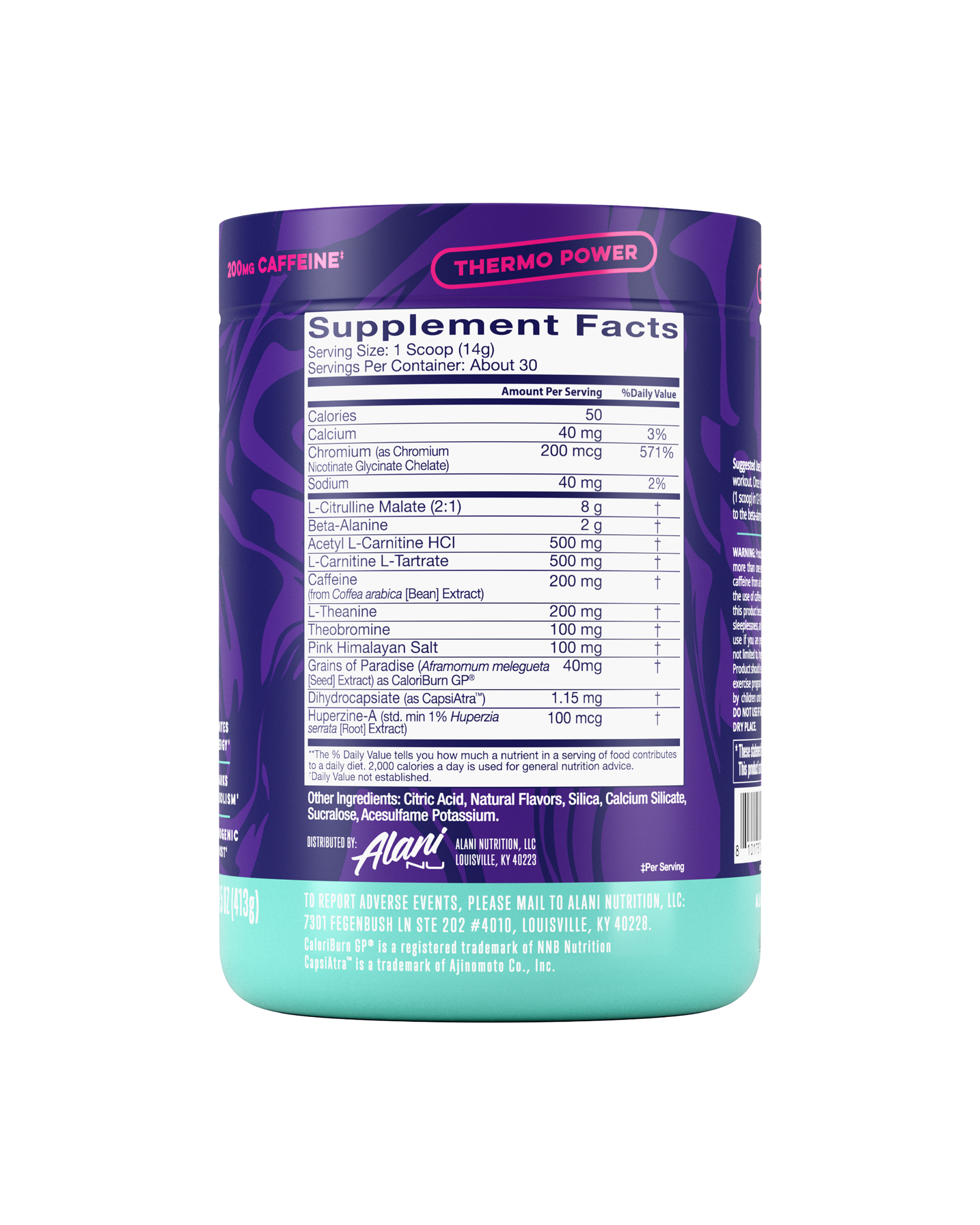 The back view of a 50-calorie, thermo-powered Melonberry Blast Alani Nu Pre-Workout+ Burn tub, highlighting supplement facts and ingredients.*