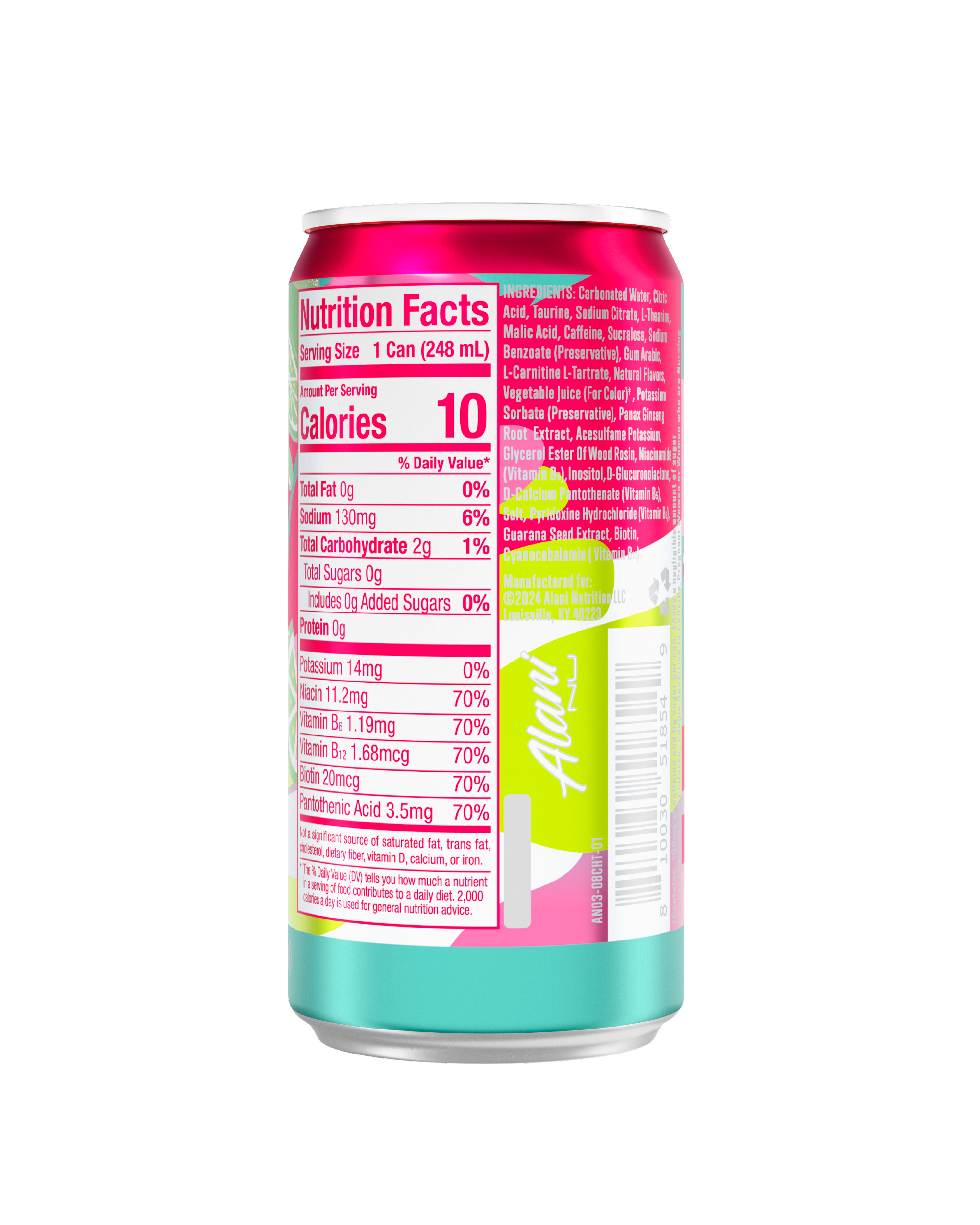 The back view of a 10-calorie Cherry Twist Mini Energy, highlighting nutrition facts and ingredients.