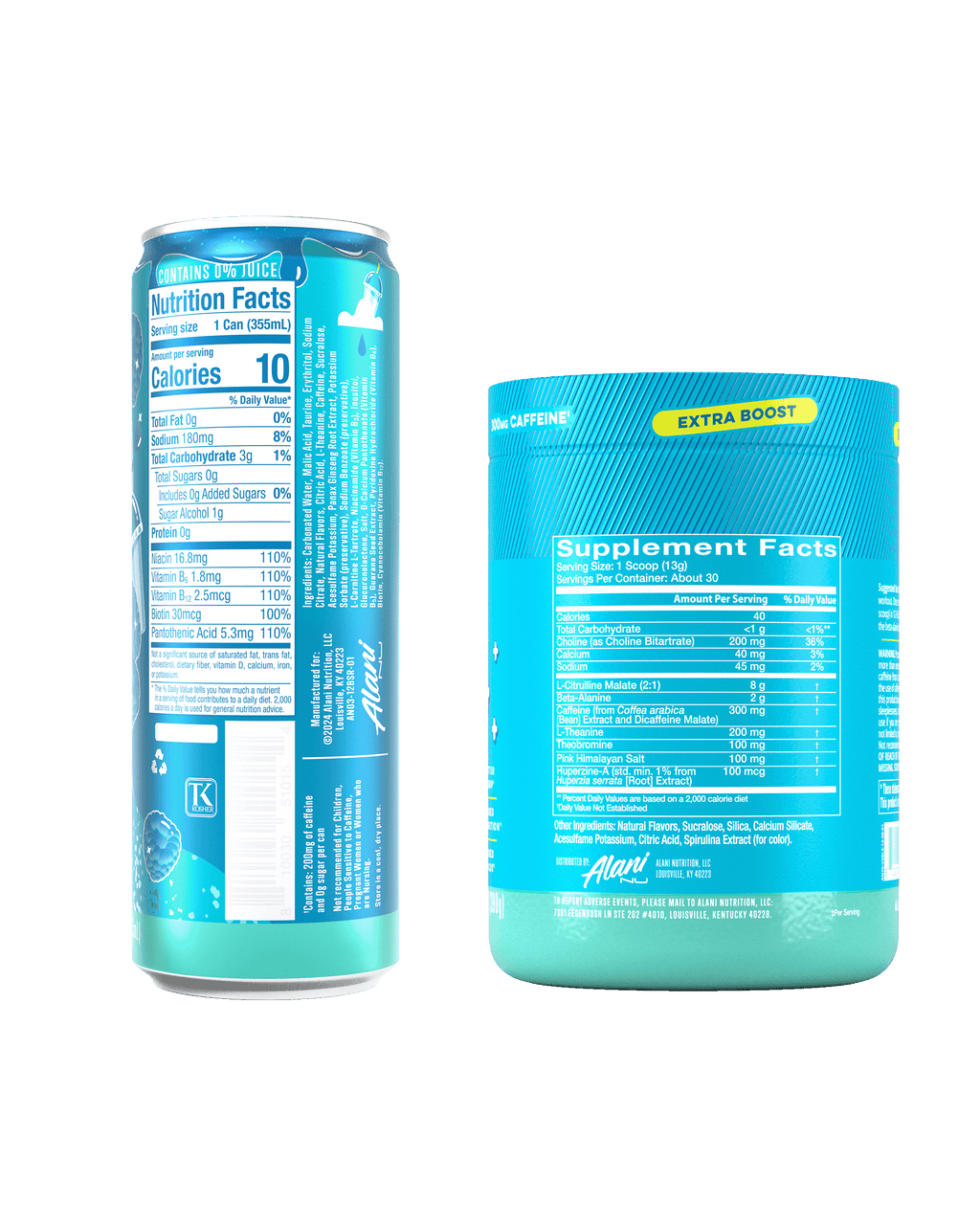 The back views of two Blue Slush products—an Energy Drink 12-Pack and a 30-Serve tub of Pre-Workout+.