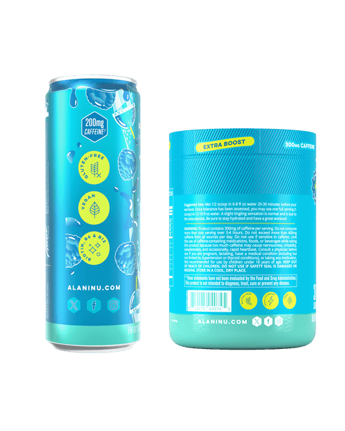 The side views of two Blue Slush products—an Energy Drink 12-Pack and a 30-Serve tub of Pre-Workout+.