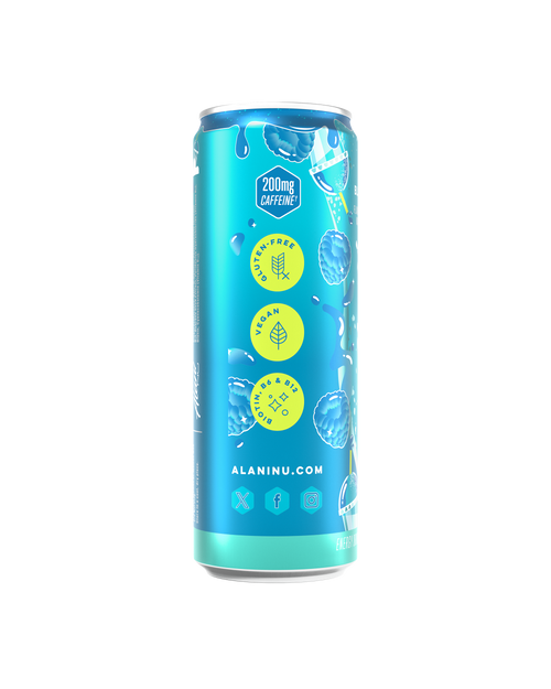 The side view of a Blue Slush Energy Drink, gluten-free, vegan, and made with B vitamins and 200mg of caffeine.