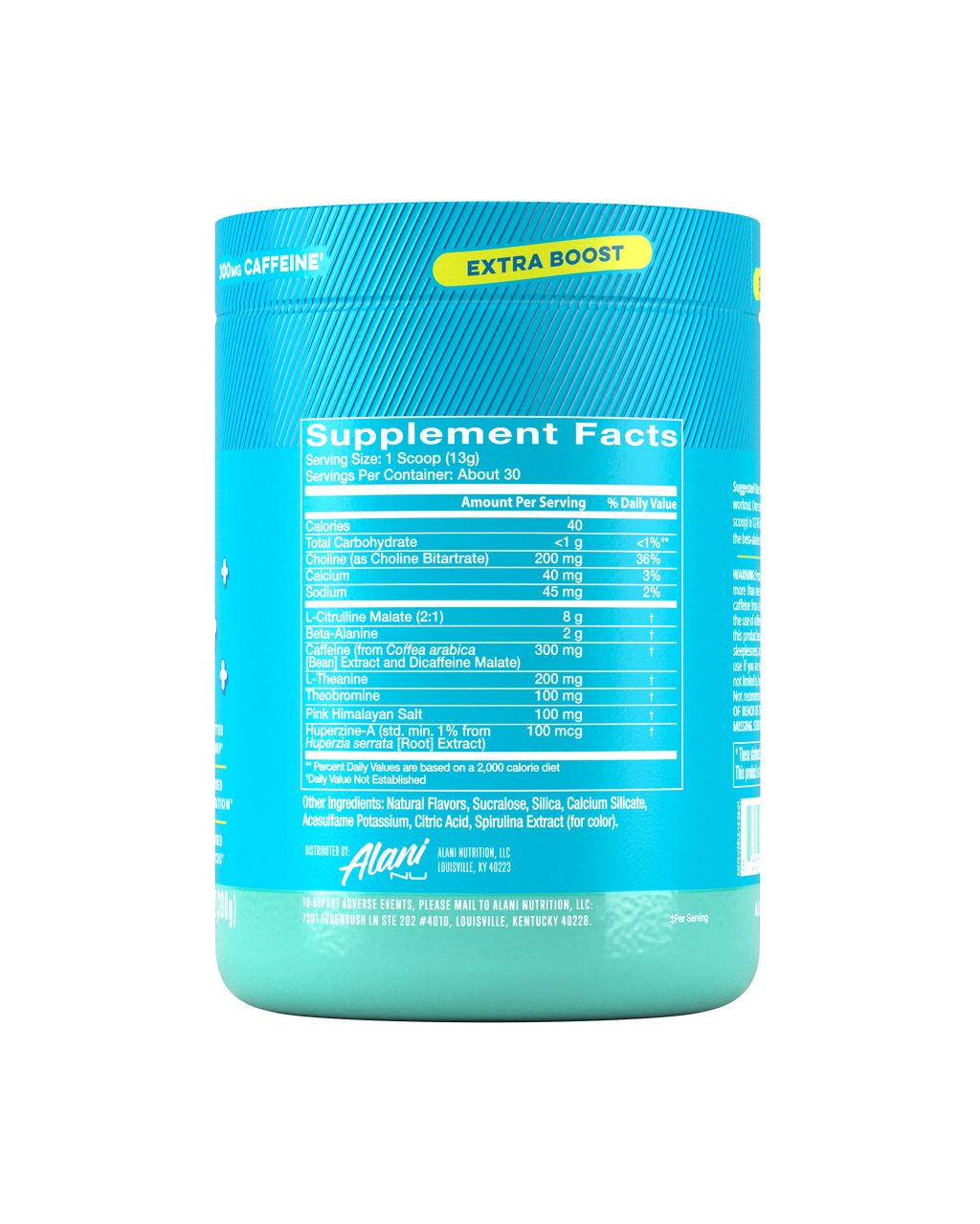 The back view of a 40-calorie Blue Slush Pre-Workout+ tub, highlighting nutrition facts and ingredients.