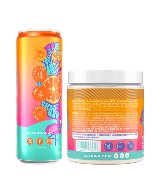 The side view of an Alani Nu Orange Kiss Energy Drink can and Pre-Workout tub.