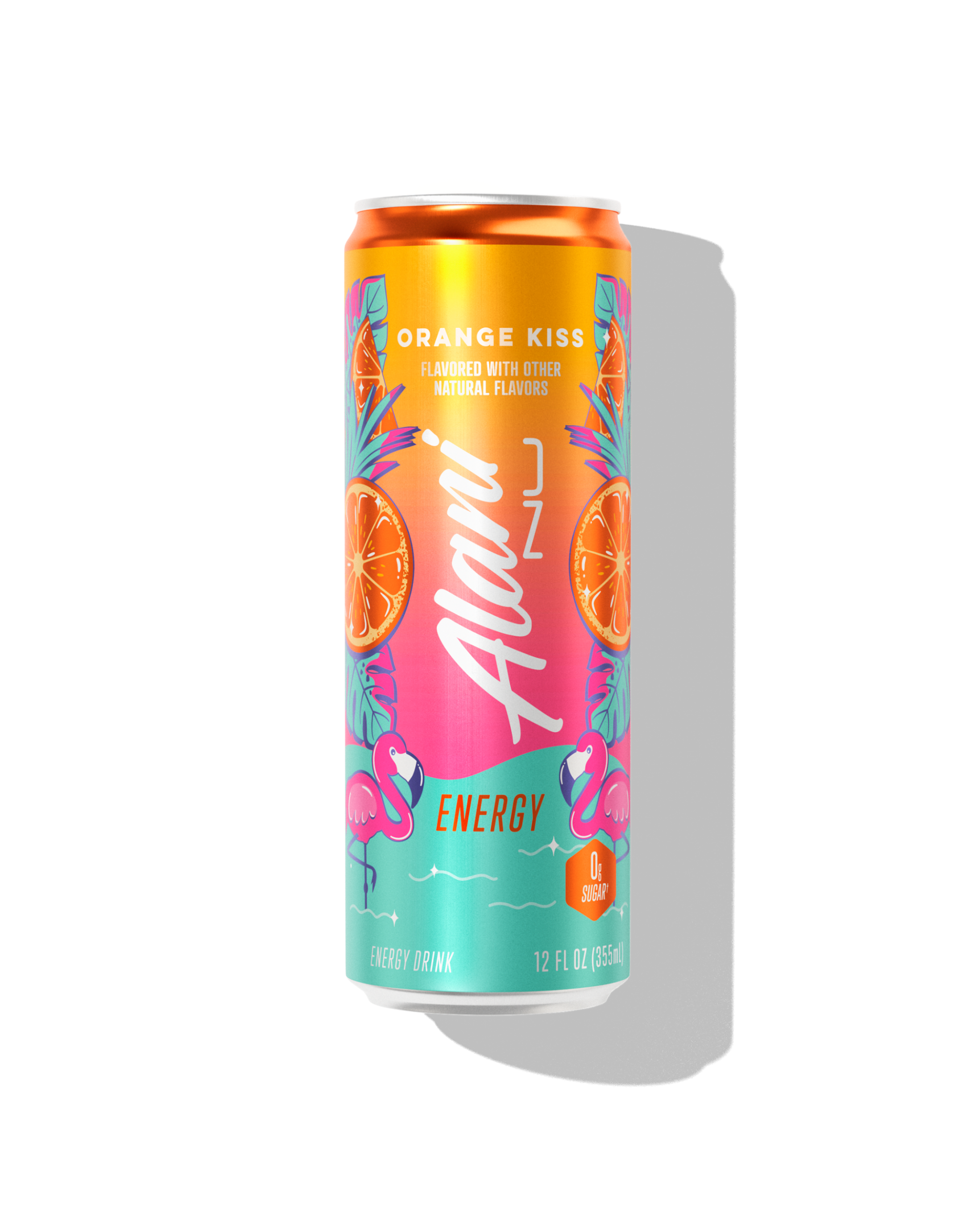 The front view of an Alani Nu Orange Kiss Energy Drink can, made with zero sugar.