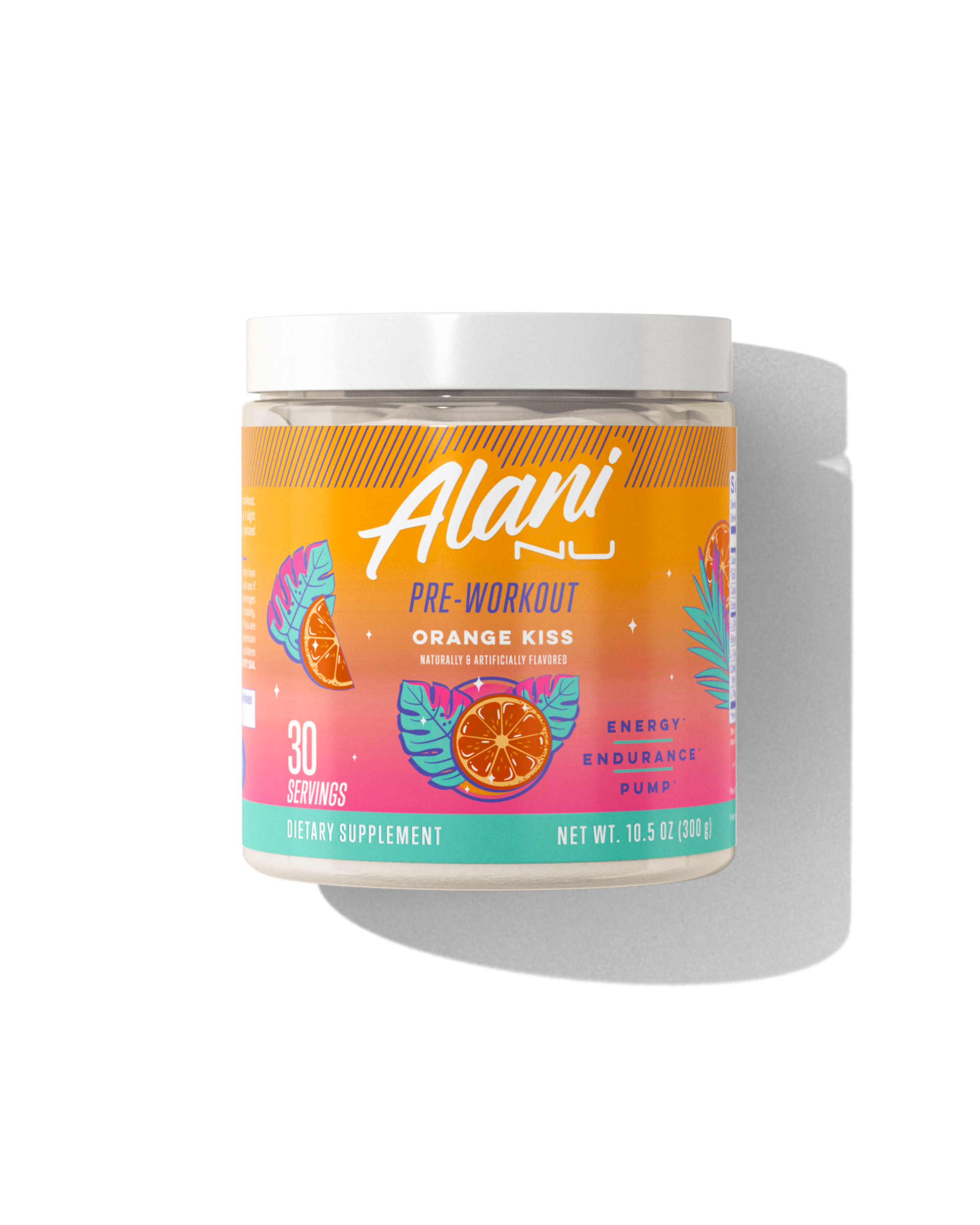 The front view of an Alani Nu Orange Kiss Pre-Workout tub, made for endurance and pump.