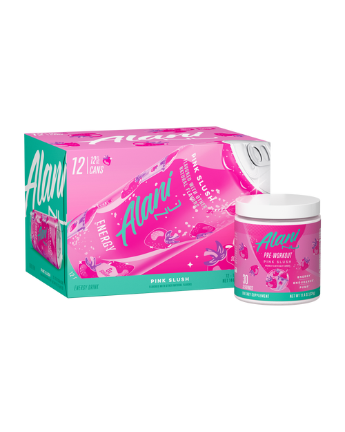 The front view of an Alani Nu Pink Slush Energy Drink can and Pre- Workout tub.