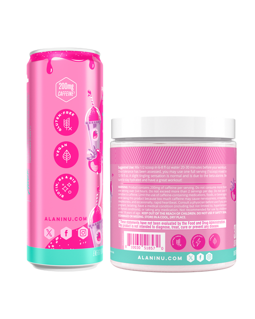 The side view of an Alani Nu Pink Slush Energy Drink can and Pre- Workout tub