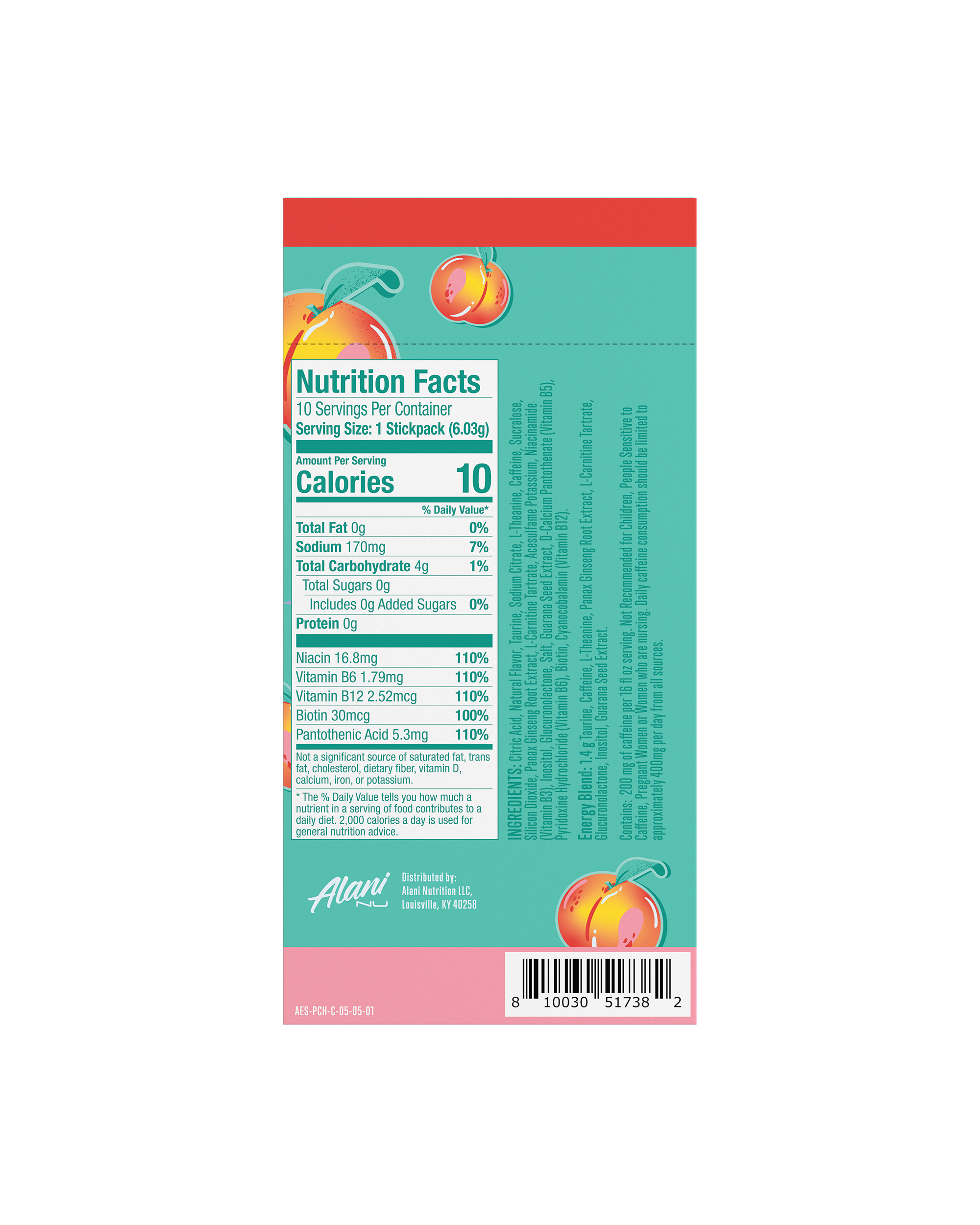 A back view of Energy Sticks in Juicy Peach highlighting nutrition facts.
