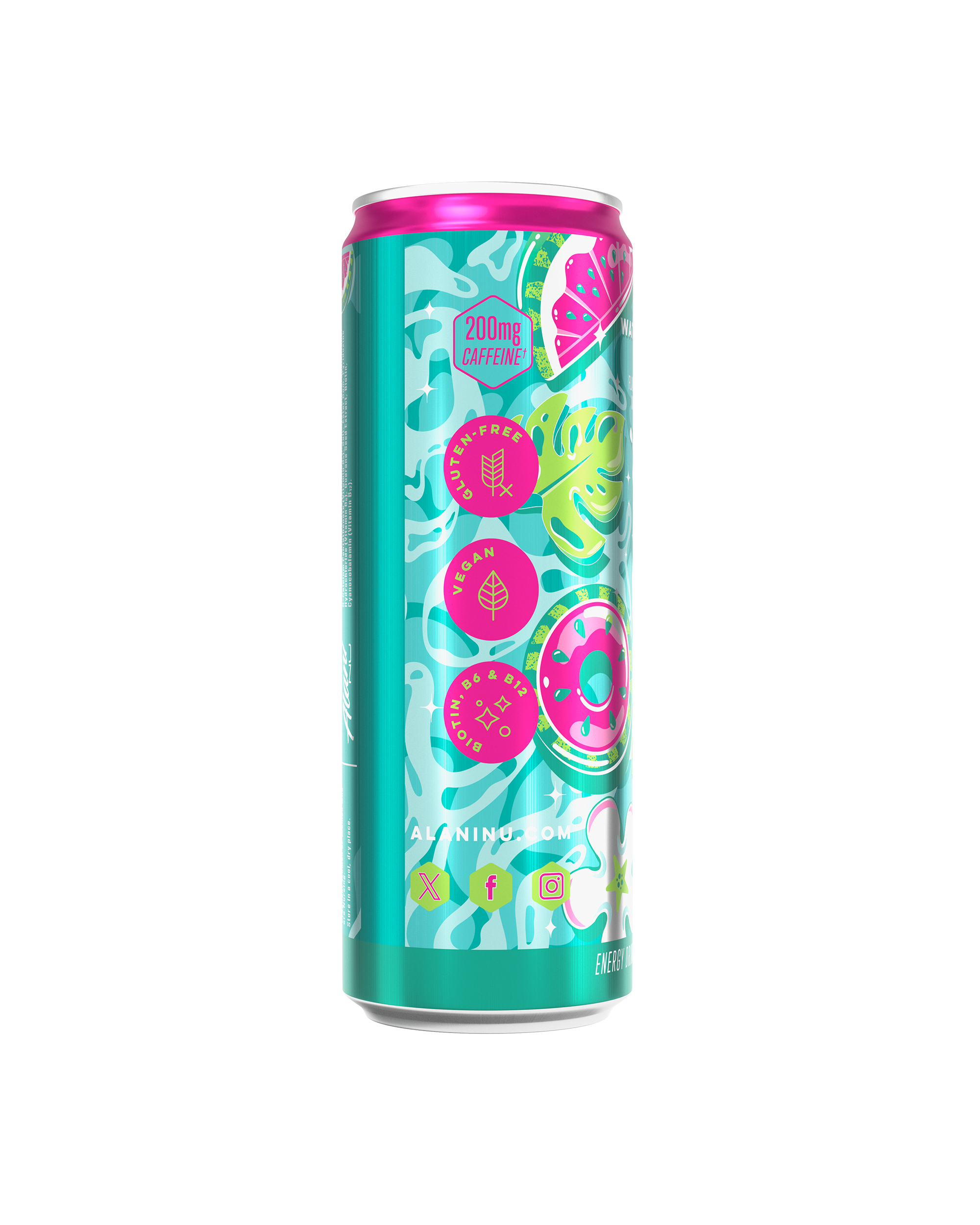 A side-facing view of a Watermelon Wave Energy Drink can with a seafoam green design, pink pool float graphics, and circular callout graphics showcasing featured functional benefits and social media handles.