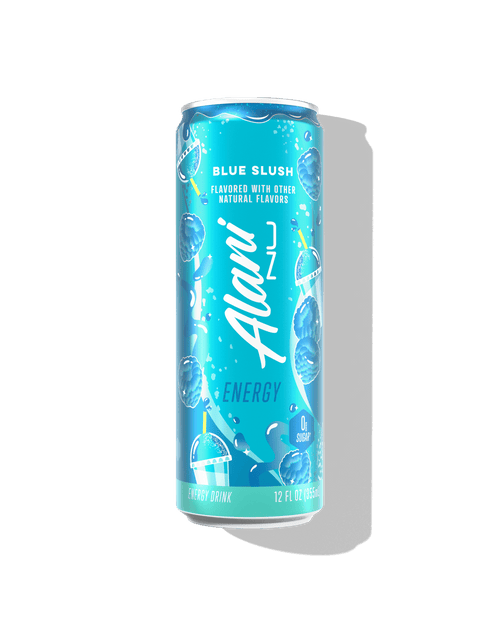 The front view of a sugar-free 12oz can of Blue Slush Alani Nu Energy, flavored with other natural flavors.